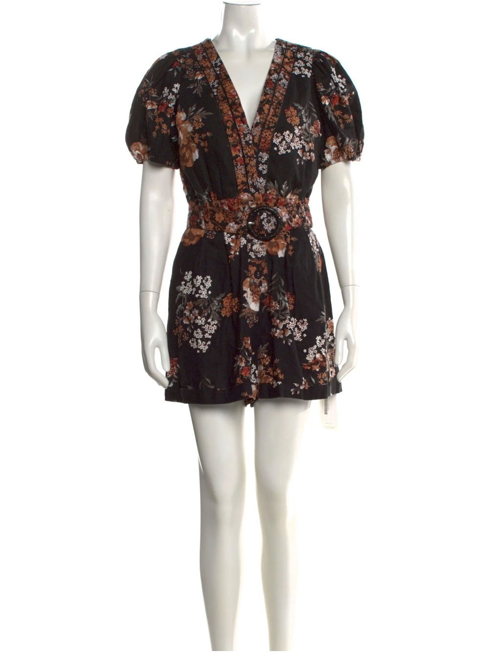Caroline Constas Black Floral V-Neck Mini Dress with Belt